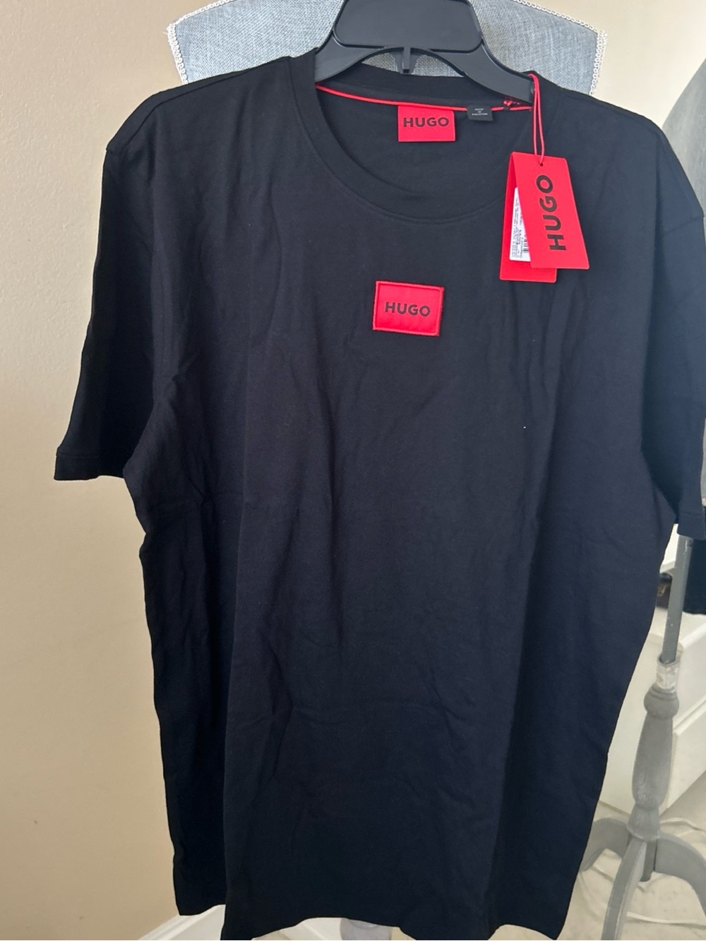HUGO Black Short Sleeve Tee with Red Logo Patch